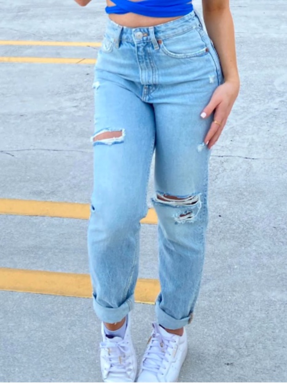 Zara High-Waisted Distressed Mom Jeans | Light Wash Denim